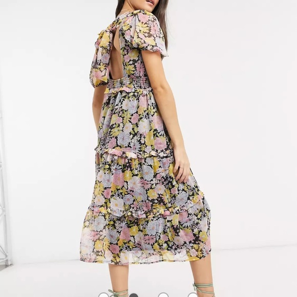Neon Rose midi dress with tiered ruffle skirt and bow back in floral - Picture 3 of 7
